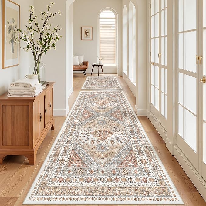4x10 Runner Rug, Washable Hallway Runner Rug with Non-Slip Backing, Low Pile Wide Runner for Living Room, Entryway, Kitchen, Soft Vintage Home Decor Mat for Dining Room(Orange,4'x10')