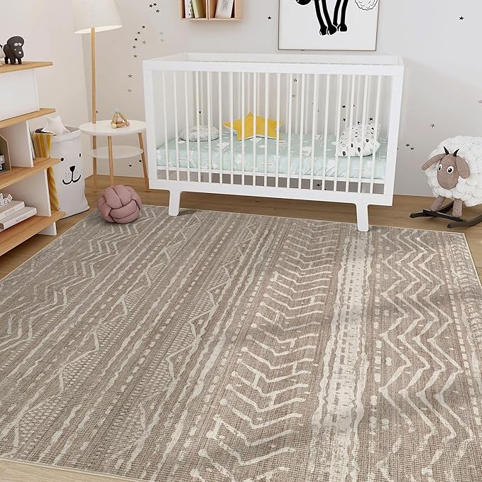 Nakagishi 9x13 Area Rugs Living Room: Washable Boho Large Neutral Soft Farmhouse Area Rugs Stain Resistant Modern Non-Slip Indoor Floor Carpet for Bedroom Nursery Kids Playroom Office-Dark Brown