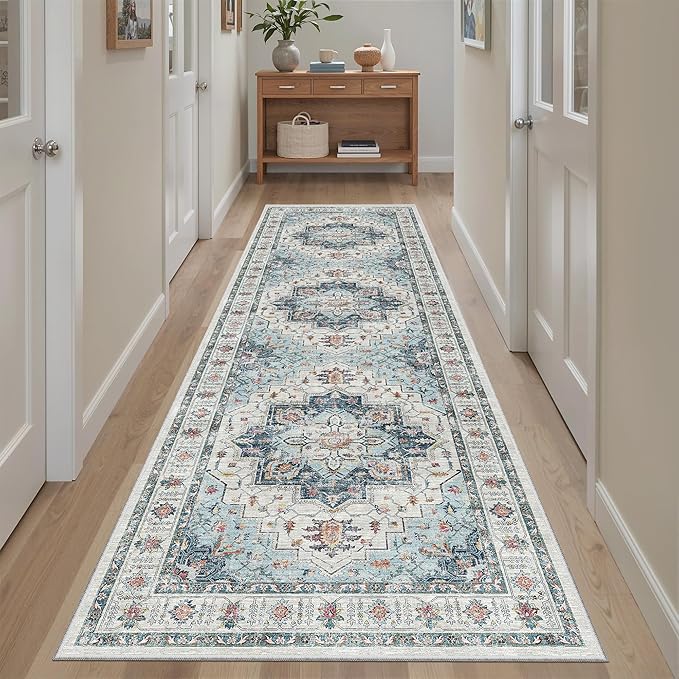 Madane Runner Rug 2'6''x8' Kitchen Runner, Hallway Runner Vintage Washable Rugs Soft Non-Slip Low Pile 2.5x8 ft Runners for Hallways Laundry Room Distressed Rug, Blue