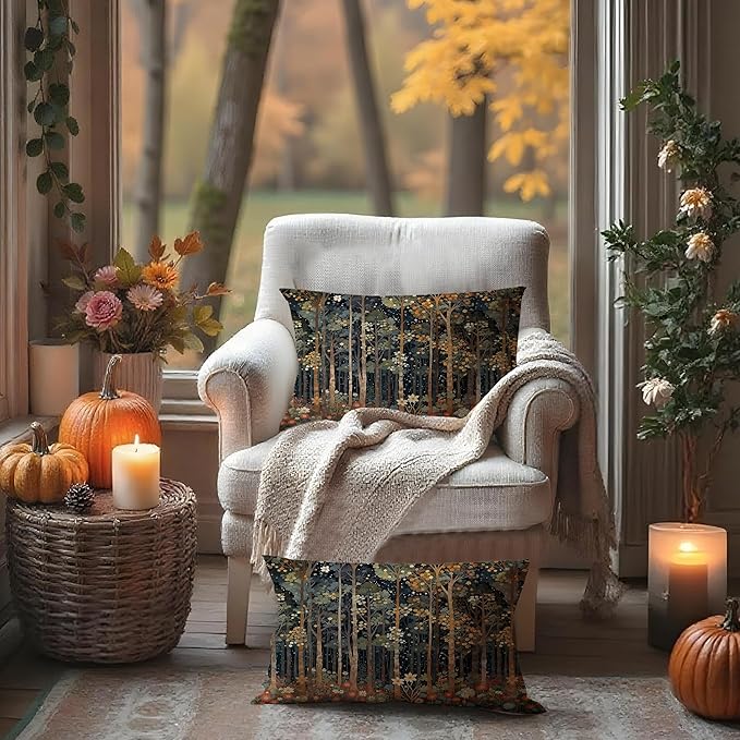 Rustic William Morris Inspired Autumn Forest Pillow Covers 12x20 Set of 2,Vintage Botanical Nature Landscape Decorative Throw Pillow Covers for Home Bedroom Living Room,Fall Home Room Decor