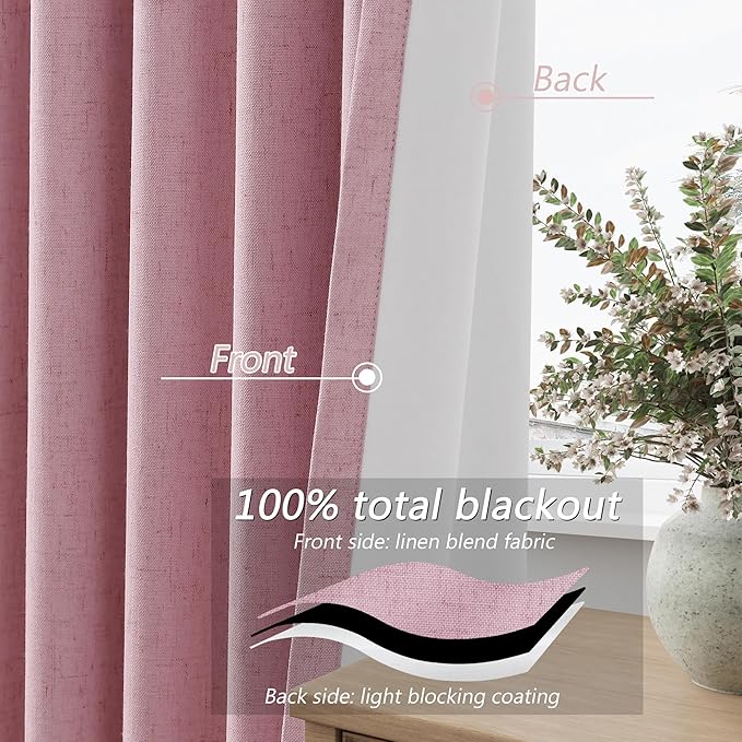 Guken Rose 100% Blackout Linen Curtains 96 Inch Length 2 Panels Set for Living Room Bedroom Back Tab/Rod Pocket Thermal Insulated Farmhouse Farmhouse Black Out Drapes Room Darkening,52x96