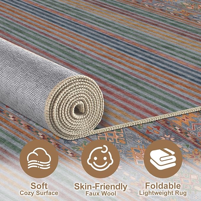 Nakagishi 8X10 Area Rugs Living Room: Washable Large Vintage Rug Neutral Non-Slip Soft Stain Resistant Indoor Carpet for Bedroom Nursery Dining Room Office Playroom - Multi Color