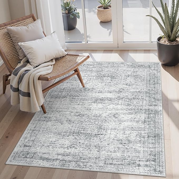 Soalmost 3x5 Rug, Small Area for Kitchen, Entryway, Machine Washable Non-Slip Throw Rug, Vintage Carpet for Nursery Coffee Table Grey