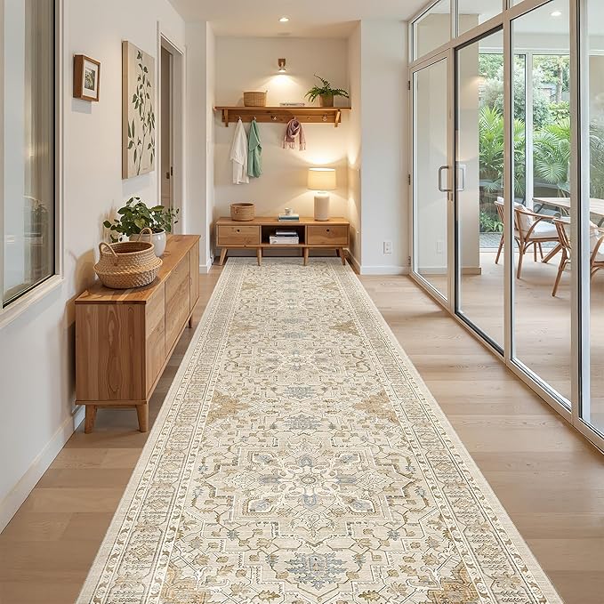 Madane Hallway Runner Rug 3x16 - Vintage Non Slip Washable 16ft Kitchen Runner for Entrance Soft Long Carpet Runners for Living Room Bathroom Low Pile Floor Mat for Bedroom Dining Room, Beige/Blue