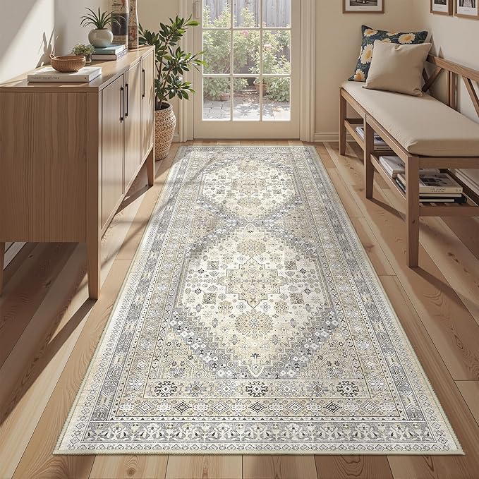 3x8 Runner Rug Non Slip Washable for Entryway, Front Porch, Vintage Hallway Runner for Laundry Room, Bedroom, Stain Resistant Thin Indoor Kitchen Mats for Floor(Beige,3'x8')