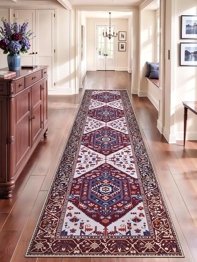 SERISSA Runner Rug for Hallways, 2'6"x12' Washable Non Slip Runner Rug, Extra Long Boho Rug Ultra Soft Vintage Burgundy Navy Print Floor Carpet for Bedroom Hallway Entryway Bathroom Laundry Room