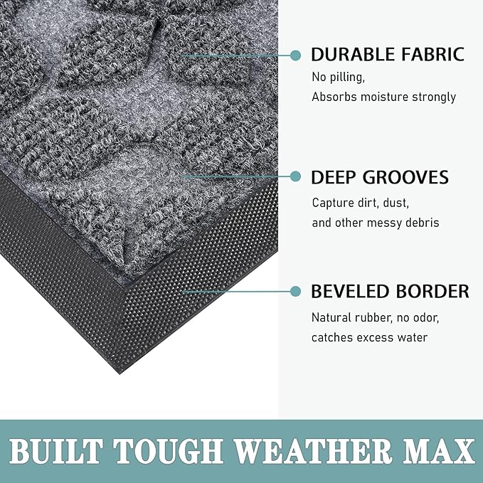 Bulijojo Sturdy Front Entrance Doormats,Durable Heavy Duty Welcome Mat,Thick Absorbent Natural Rubber Non Slip Mat,Easy Clean Entryway Mat 17"x30" Geometric Grey