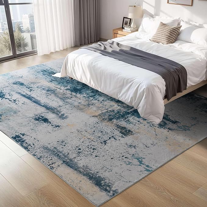 Ompaa Living Room Rug 5x8 Aqua Blue Area Rug Machine Washable Boho Rug Non Slip Abstract Vintage Indoor Large Rugs for Bedroom, Classroom, College Dorm, Farmhouse, Dining Room, Kids Playroom
