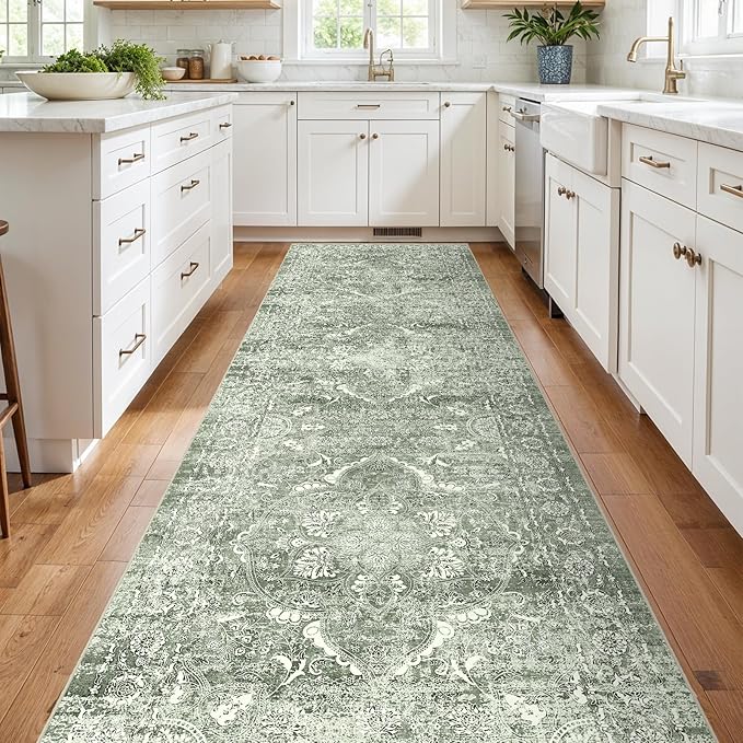 4x12 Washable Hallway Runner Rug - Wide Kitchen Runners Vintage Low Pile Carpet Soft Thin Floor Runner with Rubber Backing for Entryway Bedroom Living Room Home Decor (Muted Sage Green)