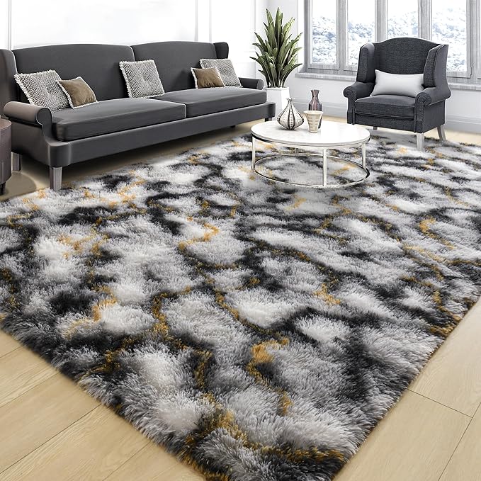 Tepook Fluffy Large Rugs for Living Room, Area Rug 6x9 Soft Carpet for Bedroom, Modern Shaggy Rug for Kids Boys Girls, Plush Indoor Nursery Home Decor Rug with Non-Slip Bottom, White Black Gold