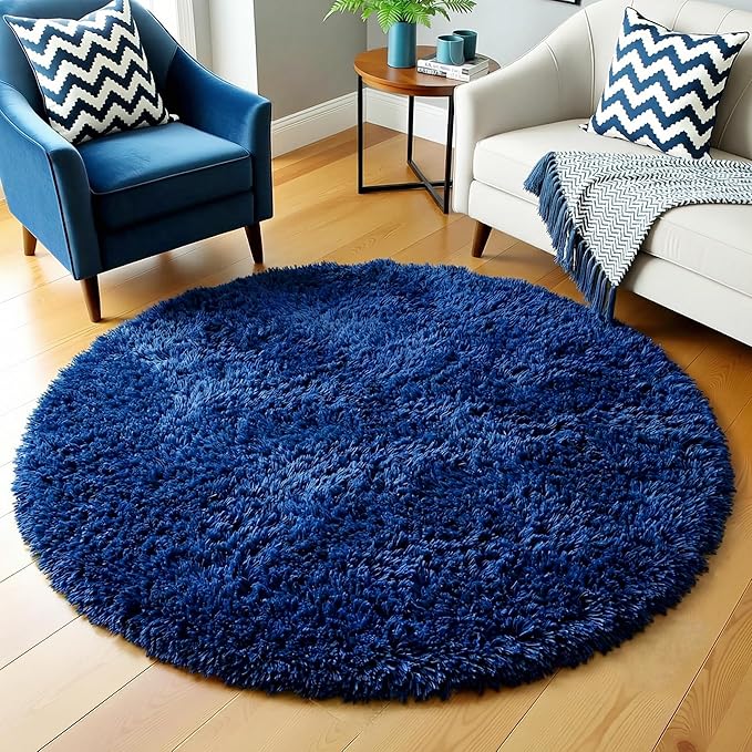 Amdrebio Navy Blue Small Round Rug 3Ft for Boys Room Bedroom, Circle Area Rugs for Kids Room, Living Room Decor Aesthetic, Fluffy Shag Fur Throw Royal Dark Blue Carpet for Dorm Playroom Baby Nursery