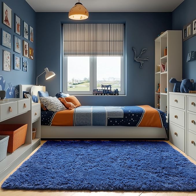 ONASAR Navy Blue Area Rugs for Living Room Bedroom, 5x8 Fluffy Bedside Rug, Soft Plush Fuzzy Shaggy Indoor Floor Carpets for Nursery Kids Boys Girls Men Teen Playroom Home Decor Aesthetic