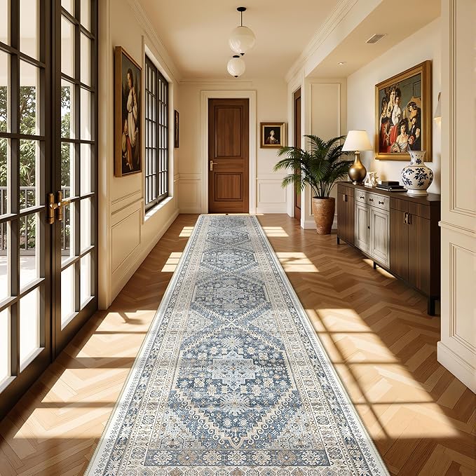 Washable Runner Rug 2.5x14, Non-Slip Long Kitchen Mats for Floor, Vintage Rug for Entryway, Soft Hallway Runner for Dining Room, Bedroom, Living Room(Blue/Beige,2.5'x14')