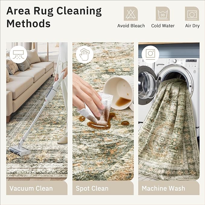 5x7 Area Rugs Green Orange Low Pile Indoor Washable Trendy Faded Style Rugs for Bedroom Living Room Dining Room Foldable Non-Slip Thin Print Mat