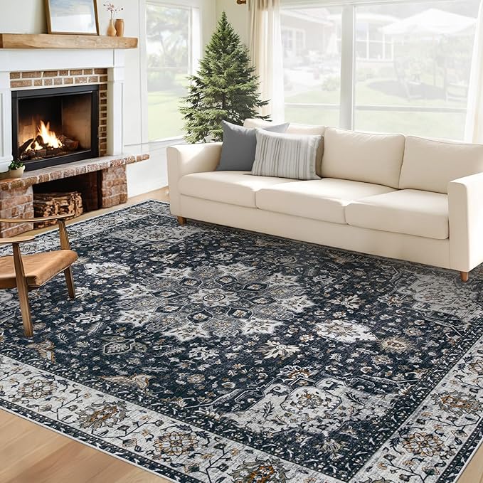 Area Rug 6x9 Washable Rug, Vintage Boho Medallion Rugs Non-Slip Soft Low Pile Large Distressed Rug Indoor Retro Carpet for Living Room Bedroom Dining Room Home Office (Vintage Black, 6'x9')