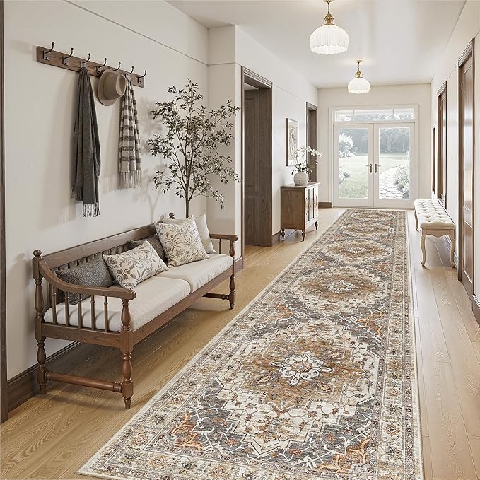 Madane Hallway Runner Rug 2'6''x14', Non Slip Vintage Runners for Hallways Washable Kitchen Rugs Soft Low Pile 2.5x14 ft Rug Runner for Laundry Room, Entryway and Bedroom, Turmeric/Grey