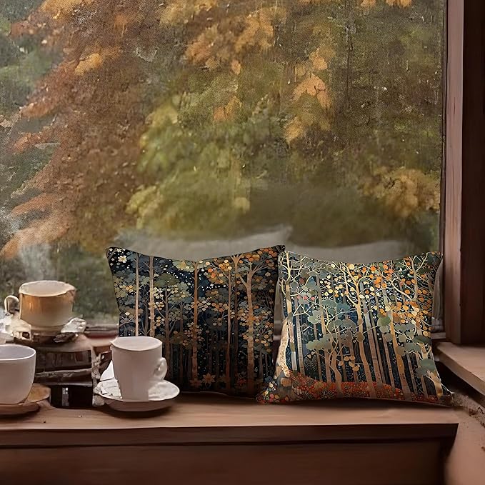 Rustic William Morris Inspired Autumn Forest Decor Throw Pillow Covers 18x18 Set of 2, Vintage Botanical Nature Decorative Throw Pillow Covers for Home Bedroom Living Room,Fall Home Room Decor