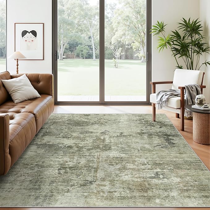 Soalmost Abstract Rug 5x7 Machine Washable Area Indoor Green Black Low Pile Non-Slip Foldable Thin Accent Rugs for Bedroom Living Room Dining Room