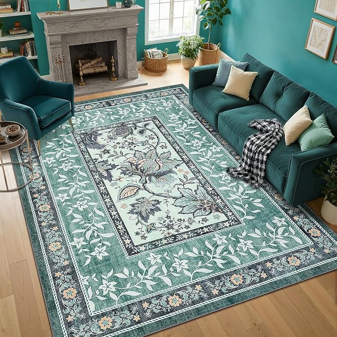 GarveeHome Teal 8x10 Area Rugs for Living Room, Botanical Grove Cottagecore Washable Rug for Bedroom Dining Nursery Low-Pile Vintage Large Carpet