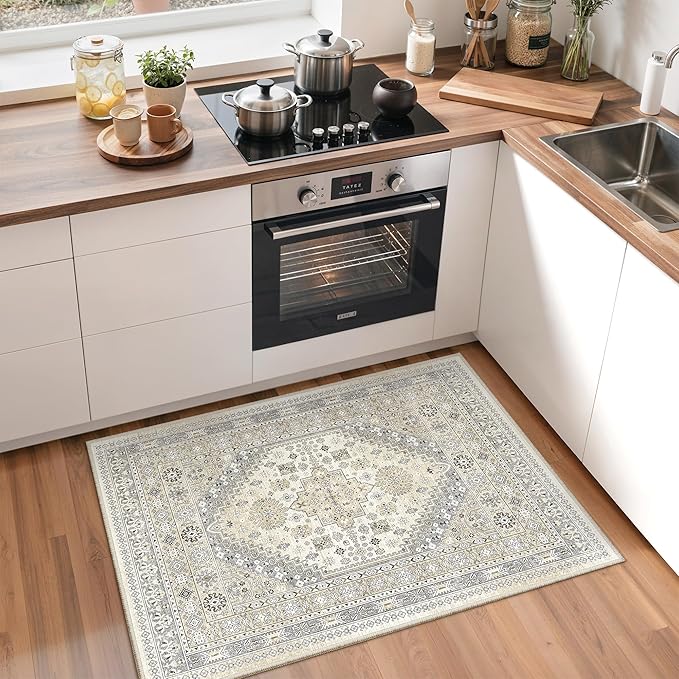 zesthome 2x3 Entryway Rug, Soft Washable Rugs, Non Slip Area Rug, Stain Resistant Low Pile Rugs for Bedroom, Vintage Rug for Door Mat, Kitchen (Beige,2'x3')