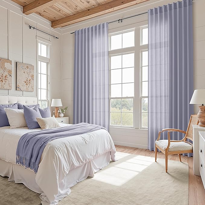 Nanspring Lavender Purple Linen Curtains 96 Inches Long for Living Room Boho Decor Light Filtering Semi Sheer Curtain Back Tab Rod Pocket Modern Luxury Drapes for Bedroom Office 52x96, 2 Panels