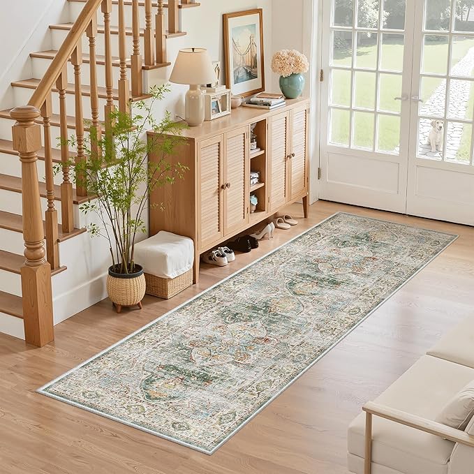 Madane Washable Runner Rug - 2x6 Rug Runners for Hallways 6 Feet Non Slip Vintage Kitchen Runner Rug Ultra-Thin Bathroom Runner Rugs Carpet Laundry Room Bedroom (2x6ft, Green)
