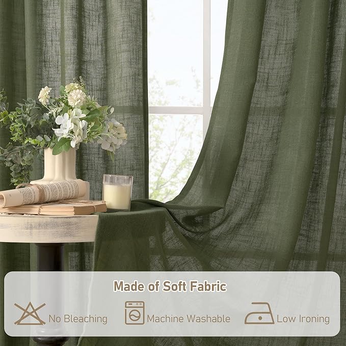 LAMIT 95 Inches Long Olive Green Linen Curtains for Living Room, Back Tab and Rod Pocket Linen Textured Curtains Light Filtering Christmas Drapes for Bedroom/Dining Room, Set of 2, 52 x 95 Inch
