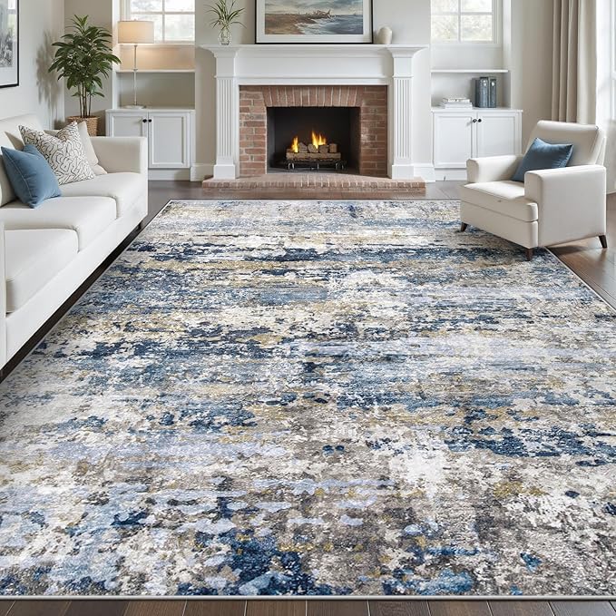 pmtsns Area Rugs 8x10 for Living Room: Washable Rug Modern Abstract Neutral Soft Non-Slip Low-Pile Indoor Large Carpet for Bedroom Dining Room Playroom Home Office (Blue Grey Brown, 8'x10')