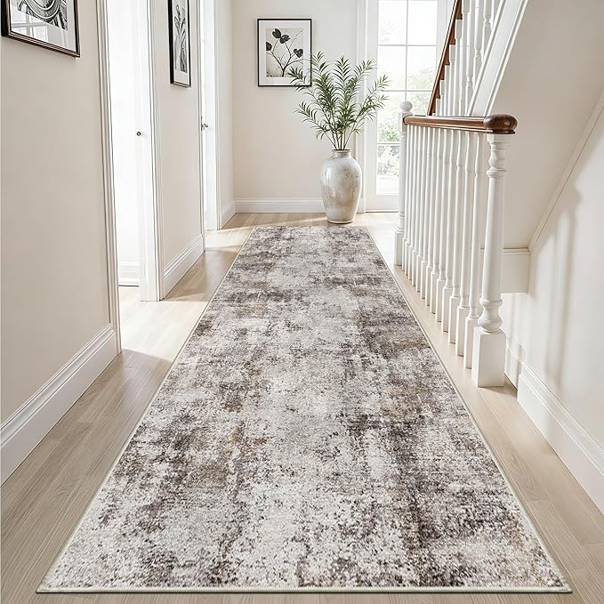3x10 Washable Runner Rug for Hallway: Non Slip Runners Rugs Easy-to-Clean - Soft Living Room Bedroom Kitchen Carpet - Thin Low Pile Printed Floor Mat for Dining Room Beige Brown