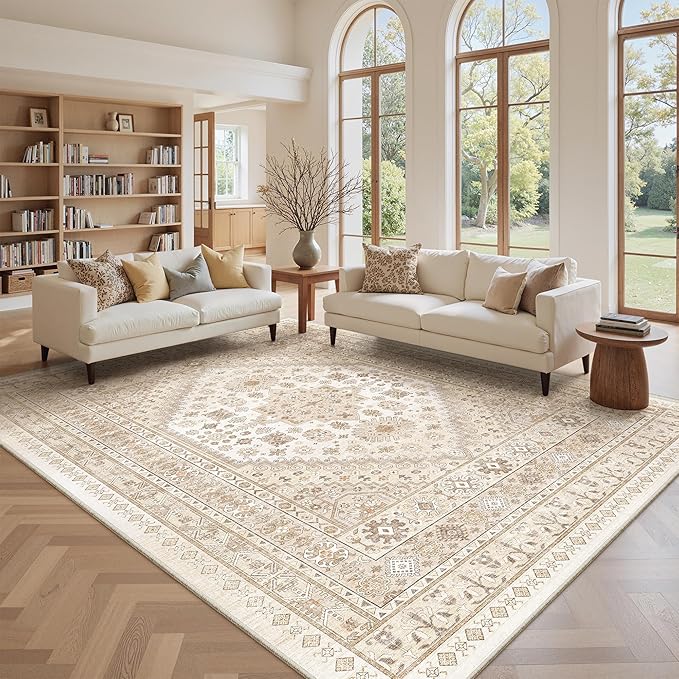 zesthome 8x12 Area Rugs,Stain Resistant Washable Rug,Ultra-Thin Rugs for Living Room,Bedroom,Non-Slip Backing Home Decor Large Area Rug (Cream/Beige,8'x12')
