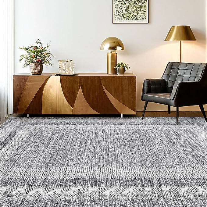 GarveeHome 8x10 Large Washable Area Rug Modern Bordered Rug Distressed Geometric Floor Carpet, Soft Non Slip Rug, Low Pile Non Shedding Rug, Indoor Gray Rug for Bedroom, Living Room