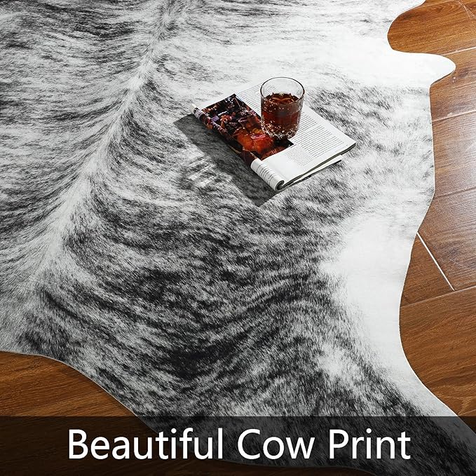 AROGAN Western Decor Faux Fur Cowhide Rug, 6 x 7 Feet Premium Animal Skin Cow Hide Rug, Sturdy Cow Print Rugs for Wall Decor, Western Floor Carpet for Bedroom Living Room, Black and Grey