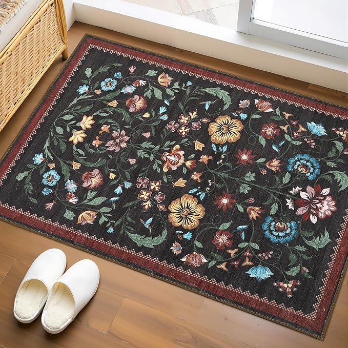 GarveeHome Floral Rug for Entryway 2x3 Rugs Machine Washable Boho Small Area Rug Non-Slip Low-Pile Front Door Soft Mat for Entrance, Bedroom, Kitchen, Laundry, Bathroom, Red