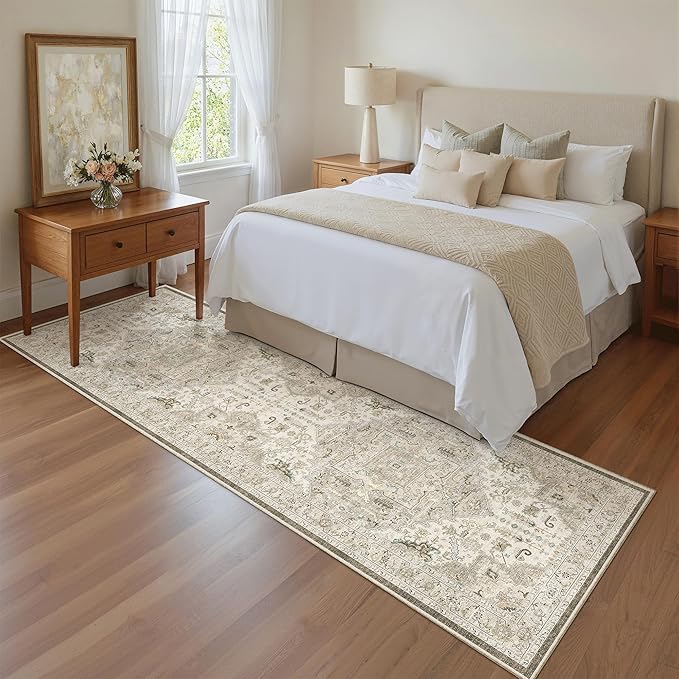 Madane Washable Runner Rug 2x7, Hallway Laundry Room Kitchen, Non Slip Rug Runners with Rubber Backing, Non Skid Stain-Resistant Non Shedding Durable Vintage Runners (2'x7', Ivory/Brown)