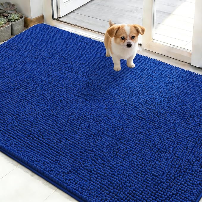 OLANLY Dog Door Mat for Muddy Paws 50x30, Absorbs Moisture and Dirt, Absorbent Non-Slip Washable Doormat, Quick Dry Chenille Mud Mat, Entry Indoor Entryway Carpet for Inside Floor, Royal Blue