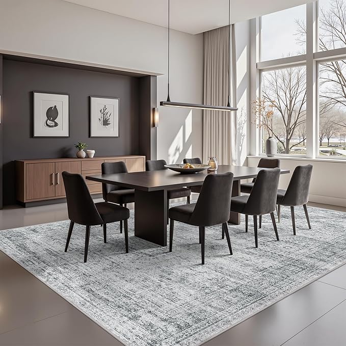 8x10 Area Rugs for Living Room, Non-Slip Backing Large Washable Rug for Nursery Room, Vintage Abstract Bedroom Rugs, Thin Indoor Home Decor Soft Farmhouse Rug (8'x10', Grey/Ivory)