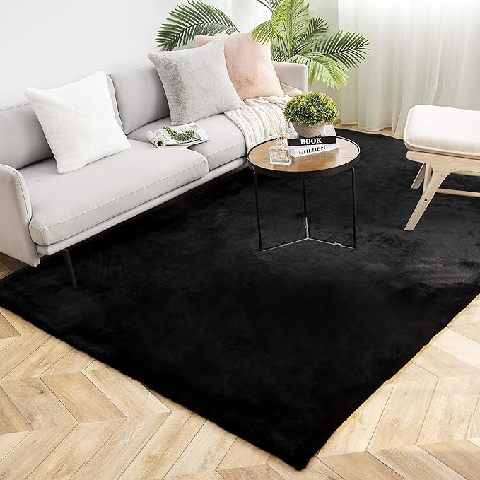 Ashler Faux Fur Rug, Ultra Soft Faux Rabbit Fur, Black Area Rugs, 6 x 9 Feet Rectangle, Machine Washable Nursery Decor Throw Rugs for Bedroom, Kids Room, Living Room