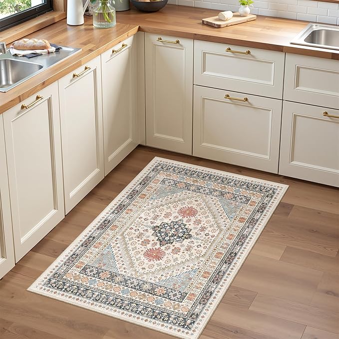 Entryway Rug - 2x3 Washable Rug Runner for Bathroom, Laundry Room, Kitchen, Soft Vintage Hallway Runner for Bedroom, Non-Slip Door Mat Indoor Entrance(Blue/Red/Multi,2'x3')