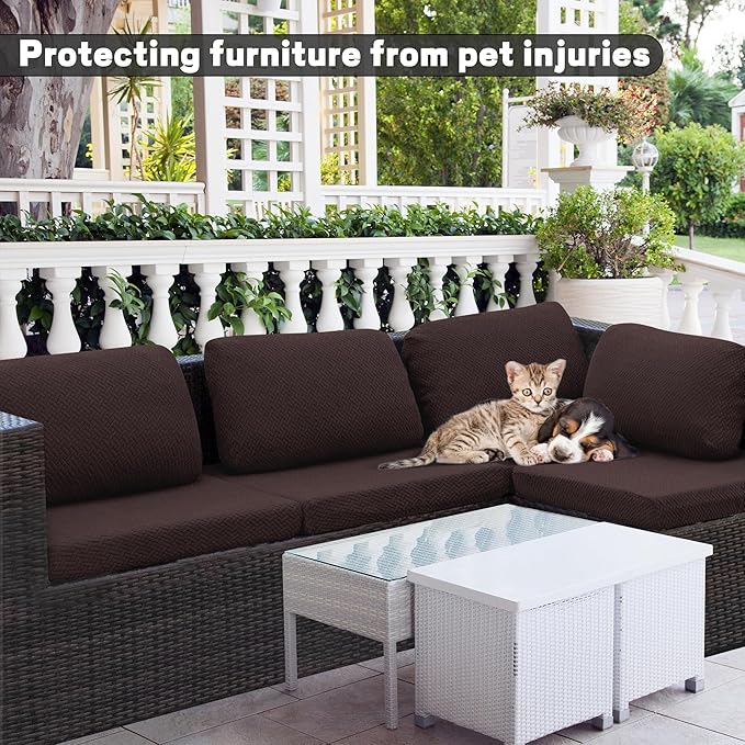 8Pcs Outdoor Cushion Covers, Patio Cushion Covers,Stretch Elastic Slipcovers, Replacement Washable Furniture Protector for Patio Couch,Thick Jacquard Textured Twill Fabric(Coffee,Cover Only)