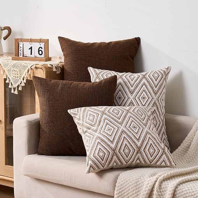 HPUK Decorative Throw Pillow Covers Set of 4 Geometric Design Linen Cushion Cover for Couch Sofa Living Room, 18"x18" inches, Chocolate