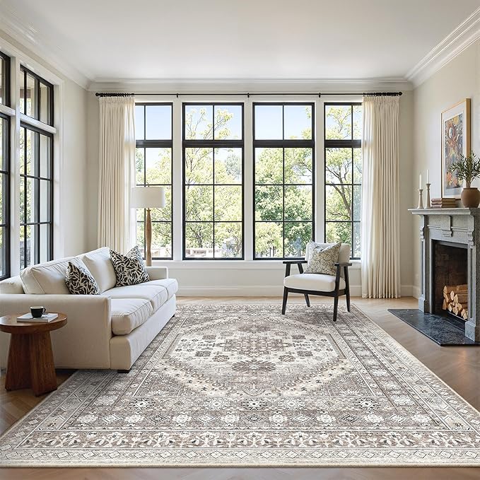 zesthome 5x8 Area Rugs - Ultra-Thin Washble Rug, Stain Resistant Anti Slip Backing Rugs for Living Room,Bedroom, Vintage Home Decor Area Rug (Brown/Beige,5'x8')