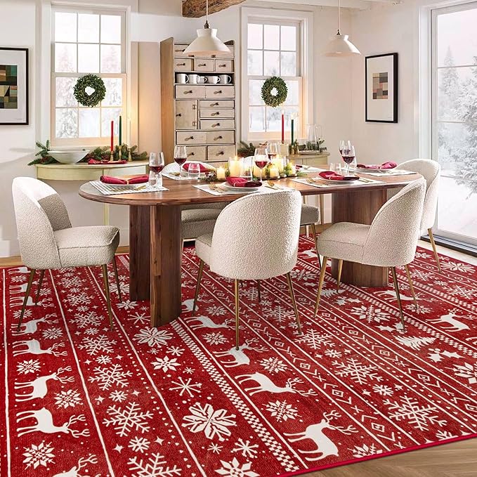 Christmas Rug 8x10 Washable Rugs, Boho Christmas Tree Snowflake Rug Non-Slip Soft Low Pile Non Shedding Indoor Holiday Carpet for Living Room Bedroom Dining Room Home Office (XmasRed, 8'x10')