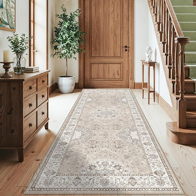 Washable 3x8 Kitchen Runner Rug: Indoor Oriental Hallway Carpet Low-Pile Stain Resistant Entryway Bathroom Area Rug Non Slip Vintage Soft Floor Mat for Living Room Bedroom Boho Home Decor(3x8,Beige)