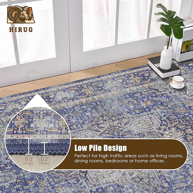Washable Area Rug 4' x 6' Vintage Traditional Persian Mat - Foldable Distressed Non-Slip Machine Washable Carpet for Living Room Bedroom Kitchen Home Decor - Indigo and Gold