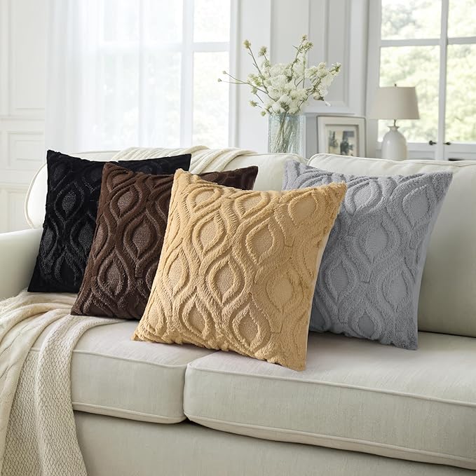 decorUhome Throw Pillow Covers 18x18 Inch Set of 2, Soft Plush Faux Wool Grey Solid Couch Pillow Covers, Accent Farmhouse Neutral Square Pillow Cases for Sofa Bed Living Room