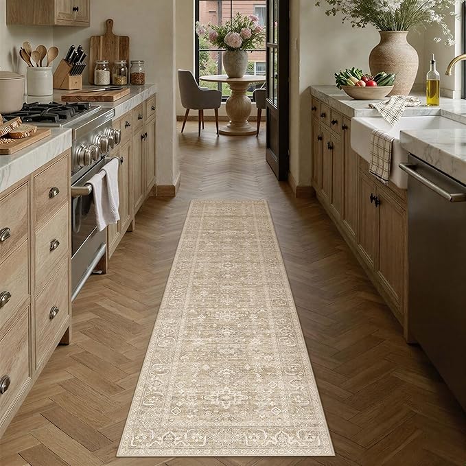 2x8 Washable Runner Rug for Hallway Kitchen Vintage Beige Non Slip Low Pile Carpet Traditional Retro Soft Throw Rug for Bathroom Bedroom Entryway Indoor Entrance
