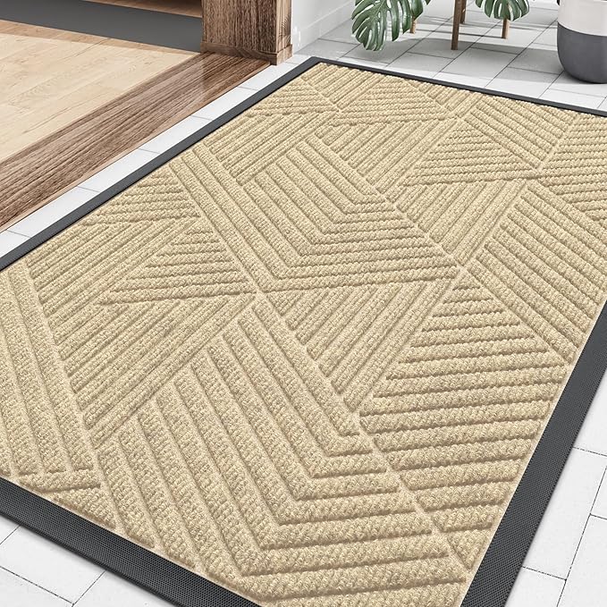 Smiry Front Door Mat Outside Entrance, Heavy Duty Sturdy Natural Rubber Doormat, Trap Dirt and Moisture, Easy Clean Low Profile Mats for Indoor Outdoor Entry, Irregular Triangle (29.5x17, Cream White)