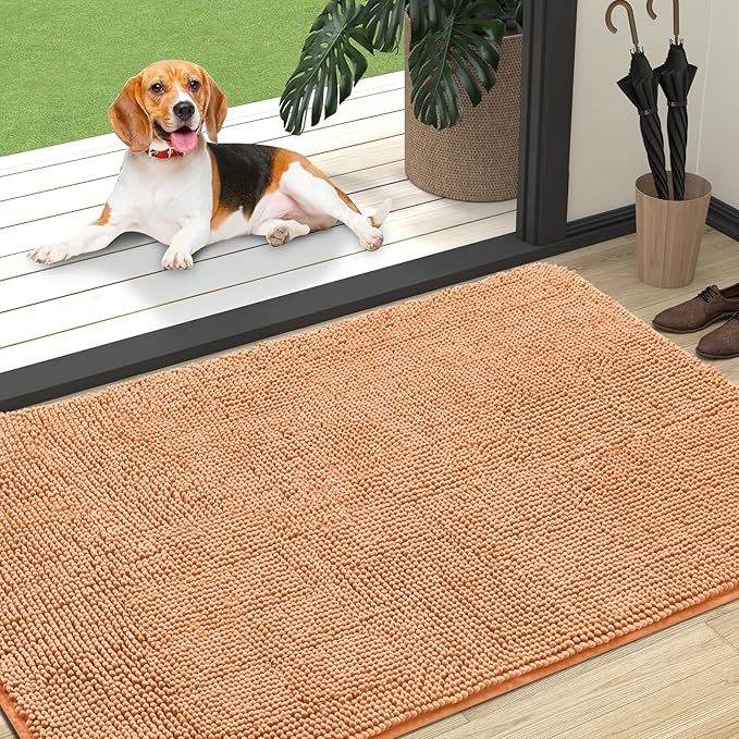 OLANLY Dog Door Mat for Muddy Paws 59x35, Absorbs Moisture and Dirt, Absorbent Non-Slip Washable Doormat, Quick Dry Chenille Mud Mat for Dogs, Entry Indoor Entryway Carpet for Inside Floor, Orange