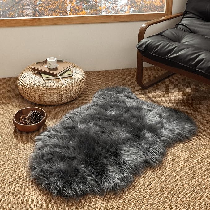 Ashler Faux Fur Rug, Fluffy Shaggy Area Rug Ultra Soft 2 x 3 Feet Sheepskin Fur, Dark Grey Fuzzy Rug Machine Washable Shag Rug, Nursery Decor Throw Rugs for Bedroom, Living Room, Kids Room