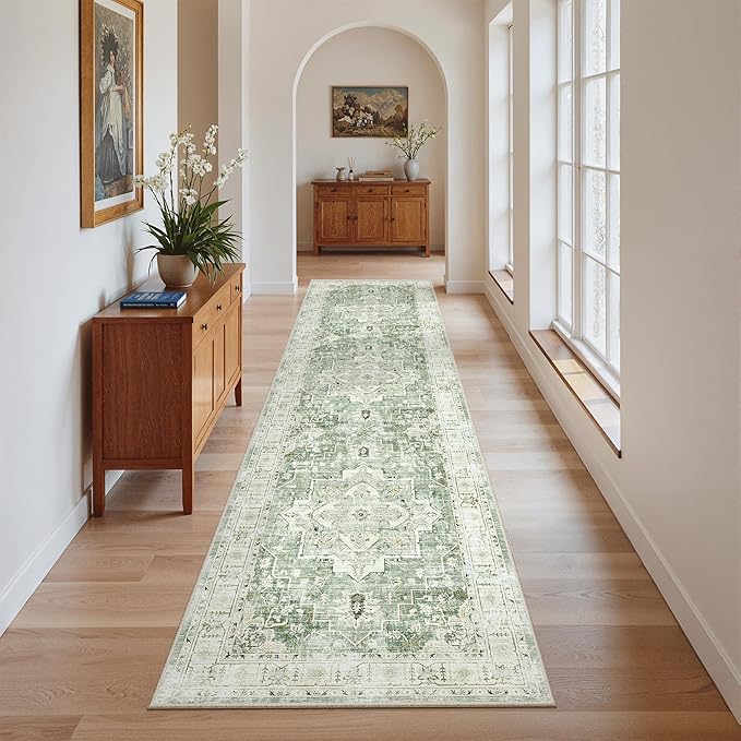Madane Runner Rug 2x8, Washable Hallway Runner Rugs, Non-Slip Low-Pile Soft Kitchen Rug Runner Laundry Room Rug, Vintage Throw Entry Foyer Mat for Entrance Living Room (Green/Ivory, 2 x 8)